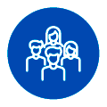 Unser Service Eine Gruppe von vier vereinfachten weißen Avatar-Umrissen in einem blauen, runden Abzeichen, die ein Team oder eine Gemeinschaft darstellen.