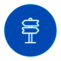 Vermietung Blaues, rundes Symbol mit einer weißen Wegweiser-Grafik, die zwei Richtungspfeile auf einem einzigen Pfosten zeigt.