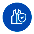 Ausrüstung sefy Blaues, kreisförmiges Symbol, das die Umrisse von zwei Flaschen und ein Schild mit einem Häkchen zeigt, was auf Produktsicherheit oder Schutz hinweist.
