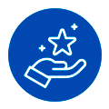 Ruf Eine Hand, die einen leuchtenden Stern mit funkelnden Lichtpunkten in einem blauen, runden Abzeichen hält, als Symbol für eine Belohnung oder eine Leistung