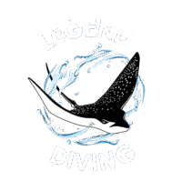 Logo-original-ohne-Hintergrund-weiß-Buchstaben Schwarzer und weißer Manta mit Spritzwasserkreisen und dem Schriftzug LEGEND DIVING darüber und darunter.